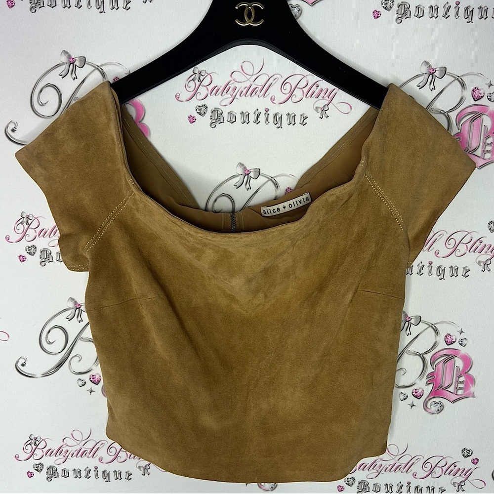 Alice + Olivia lamb leather top France cropped brown suede soft tan zipper back